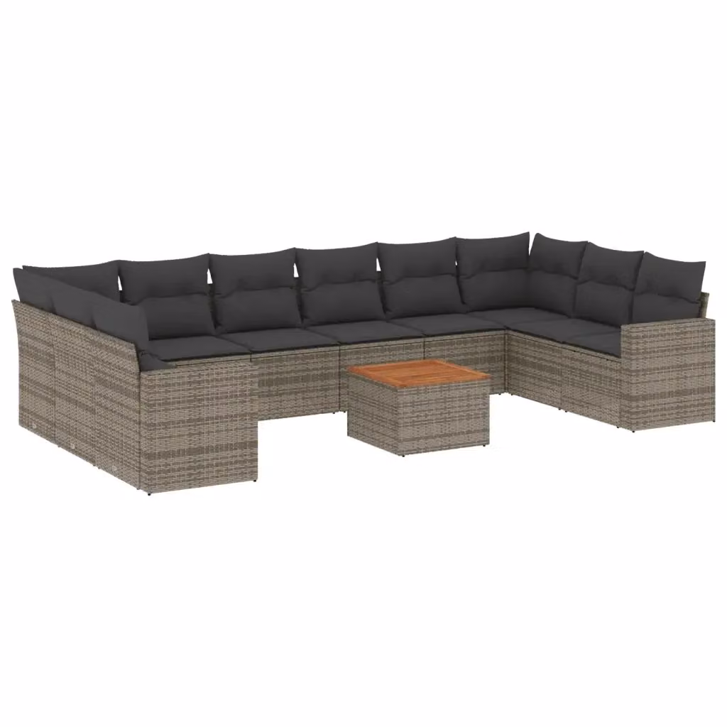 vidaXL Set Divani da Giardino 11 pz a Forma a L in Polyrattan Grigio con Cuscini e Tavolino – 2