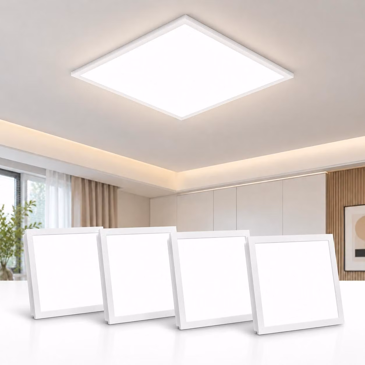 Pannello LED ZMH, lampada da soffitto 4 luci, 45x45 cm, 13,5W, dimmerabile, con telecomando. Lampada per cucina, plafoniera a soffitto piatta, colore bianco. Illuminazione interna per cucina, soggiorno, corridoio