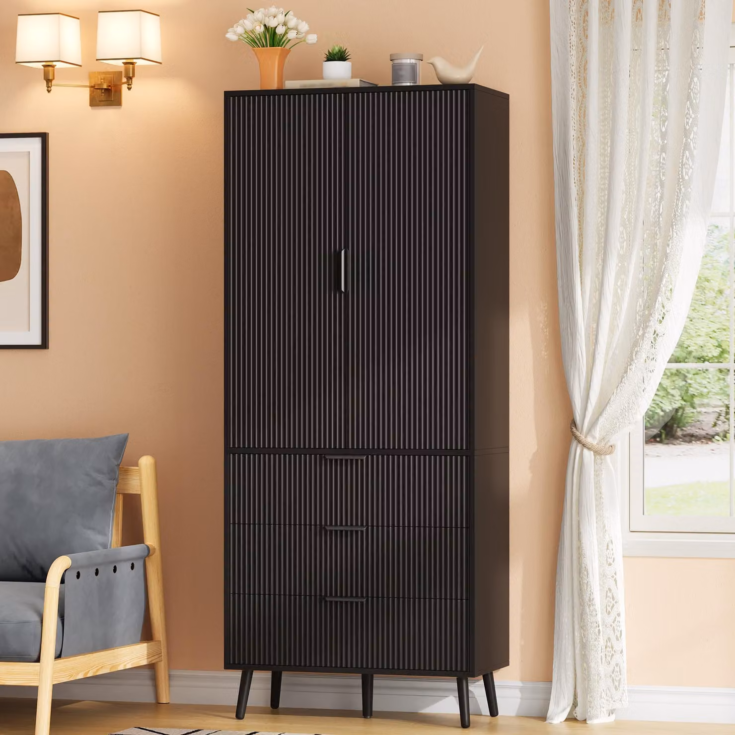 Mobiletto da cucina Flieks con 2 ante e 3 cassetti spaziosi, pensile con ripiani, mobile alto per cucina, soggiorno e sala da pranzo, colore nero