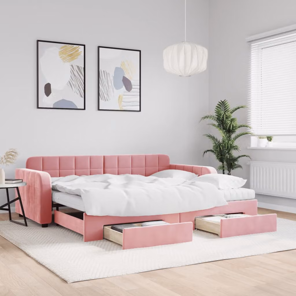 vidaXL Divano Letto Estraibile con Cassetti in Velluto Rosa L/P/H: 224 x 90 x 100 cm