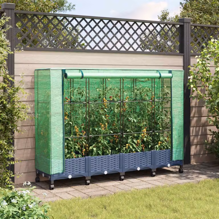 Set di 4 vasi da giardino con copertura per serra e ruote vidaXL in plastica, disponibili nei colori blu, grigio o verde
