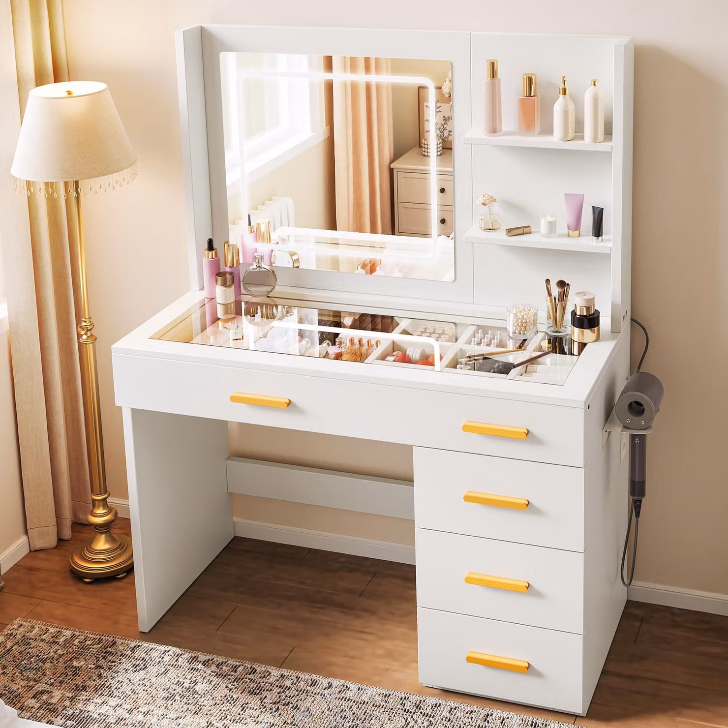 Tavolino da trucco illuminato YITAHOME, comò da trucco con specchio, tavolini da trucco