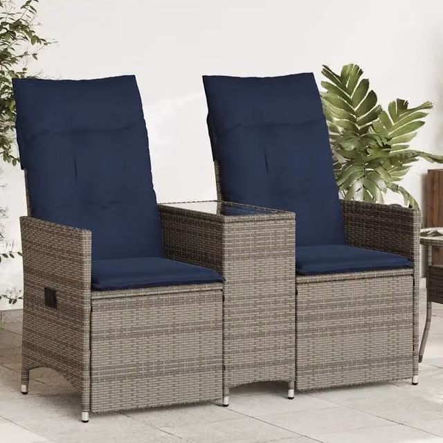 Divano da giardino reclinabile a 2 posti vidaXL in polyrattan grigio con tavolo e cuscini blu