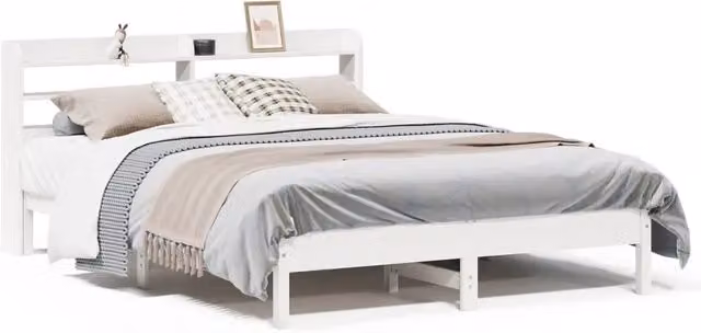 Letto matrimoniale DESIGN IN in legno massello di pino bianco laccato con doghe fisse e ripiani laterali L/P: 160 x 200 cm