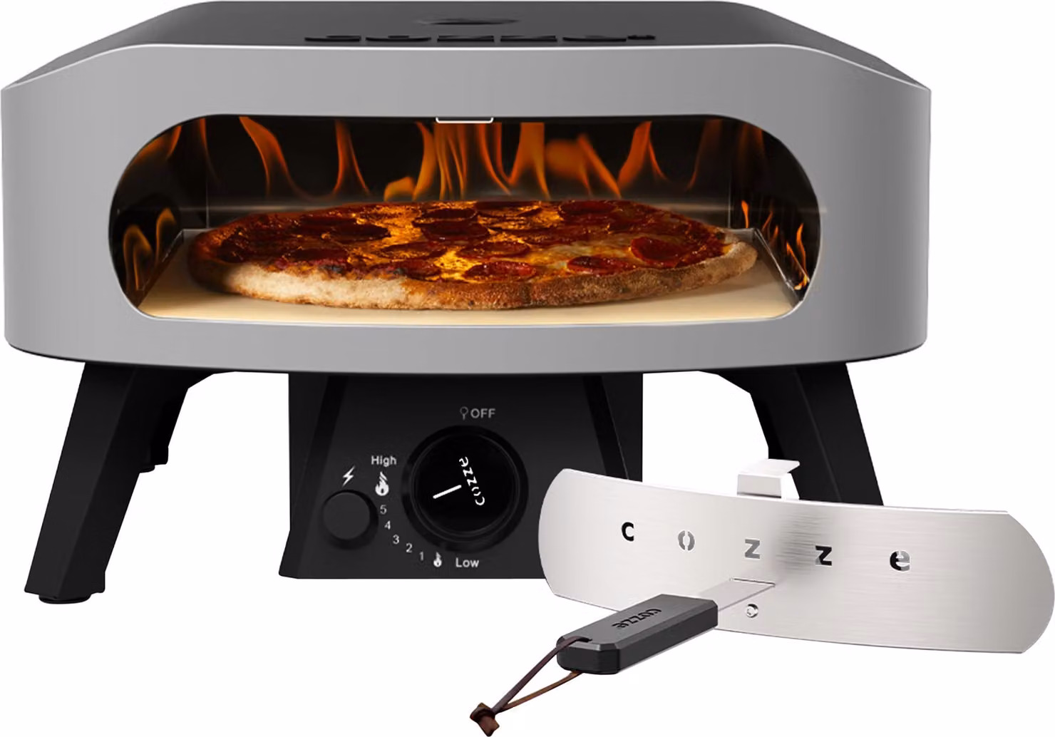 Forno per pizza a gas Cozze® Classic 13, con termometro, inclusa pietra per pizza, temperatura di cottura fino a 450°C, portatile, superficie griglia 34 x 34 cm, dimensioni apparecchio 29,5 x 50 x 50 cm, acciaio / cordierite, grigio / nero"