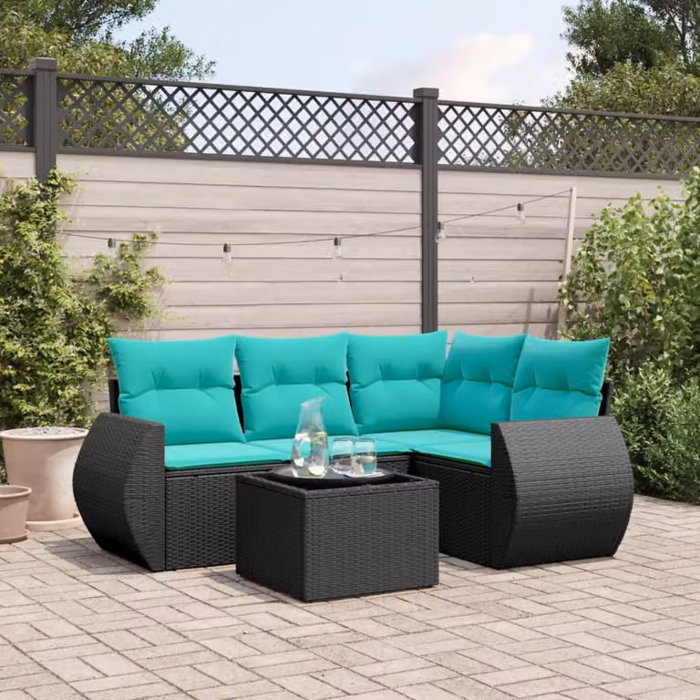 Set di divani da giardino vidaXL a forma di L composto da 5 pezzi con cuscini e tavolino da esterno in rattan nero e struttura in metallo