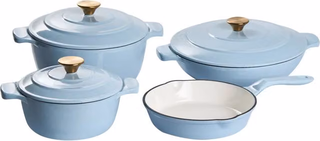 Set di 7 pentole e padelle in ghisa smaltata Beliani, colore blu, compatibile con tutti i piani cottura e adatta al forno