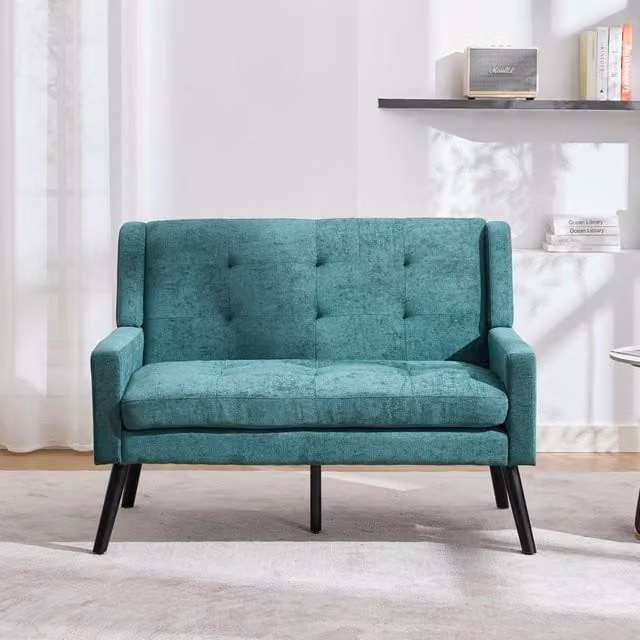 Panca REDOM a 2 posti in tessuto effetto lino verde stile retro con gambe in legno massello