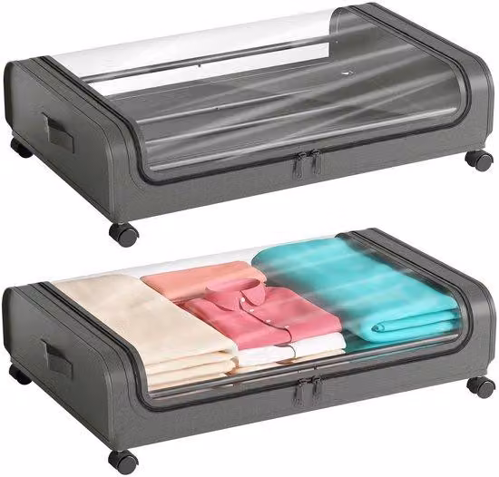 Contenitore sottobagno con ruote, set da 2 – 96 litri (2 x 48 litri), tessuto Oxford 600D e struttura in metallo, con finestra trasparente, 4 ruote a 360° (2 con freno)