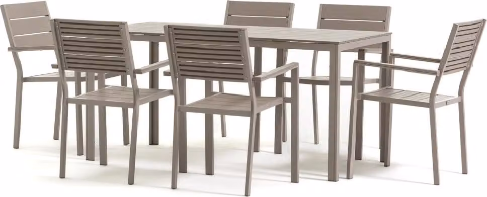 Set da giardino con tavolo rettangolare 156×78 cm in acciaio e polietilene effetto legno e 6 sedie impilabili – design moderno, robusto e armonioso per terrazza, giardino e veranda – THOMAS + ADELE – Champagne