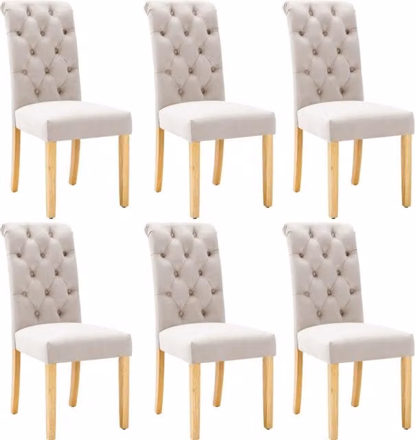 Set di 6 Sedie da Pranzo in Velluto Beige con Gambe in Quercia e Dettagli con Bottoni