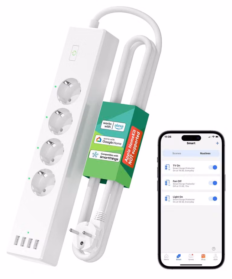 Ciabatta Wi-Fi Meross con protezione da sovratensione, 4 prese, smart, da montare a parete, con 4 porte USB, compatibile con Alexa e Google Home, timer, controllo vocale e telecomando
