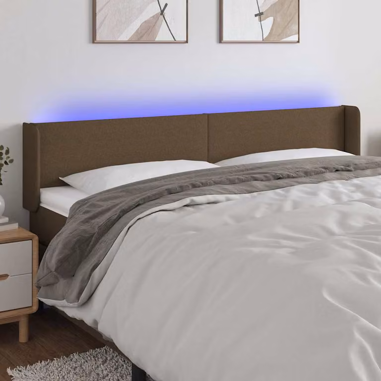 Testiera per letto vidaXL in tessuto marrone scuro con illuminazione LED integrata e porta di ricarica USB, L: 203 cm, P: 16 cm, H: 78-88 cm