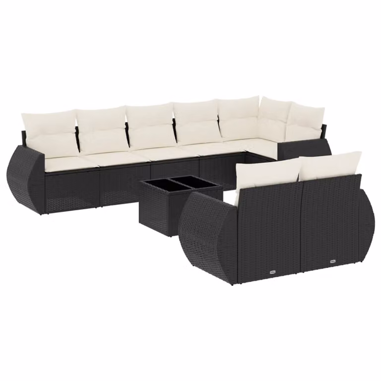 Set Divani da Giardino 9 pz con Cuscini Nero in Polyrattan