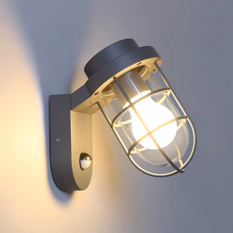 Lampada da parete con sensore di movimento, grado di protezione IP44, attacco E27, vetro, color grigio scuro
