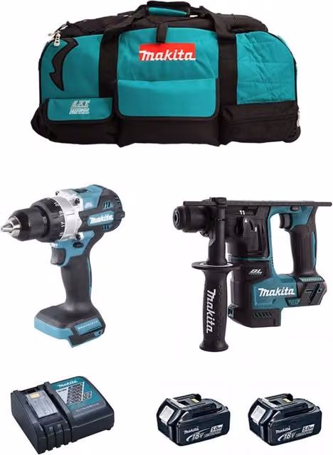 Makita Kit MK216 con Trapano Avvitatore DHP486, Perforatore DHR171, 2 Batterie da 5,0 Ah e Caricabatterie DC18RC LXT600 – 1