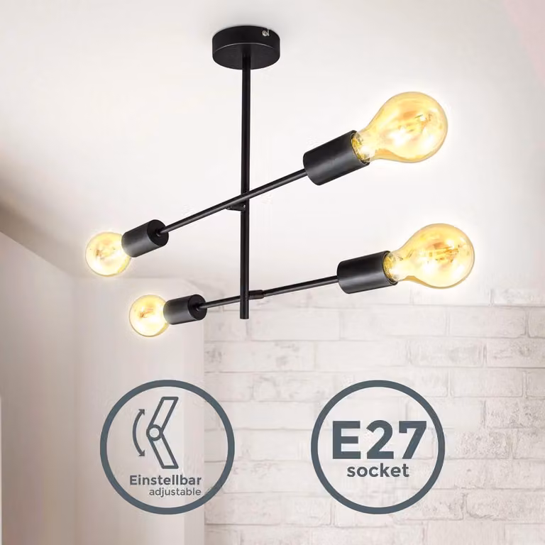 B.K.Licht plafoniera orientabile I Plafoniera retrò I 4 fiamme I E27 I metallo I nero opaco I senza lampadina max. 60Watt
