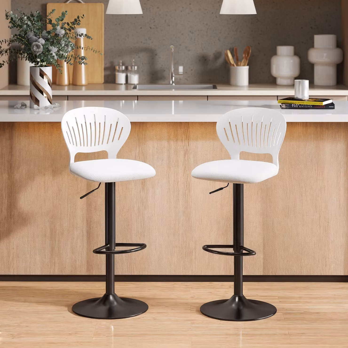 Set di 2 sgabelli da bar HOMCOM girevoli a 360° con schienale traforato e poggiapiedi, regolabili in altezza 84-105 cm, colore bianco – 2