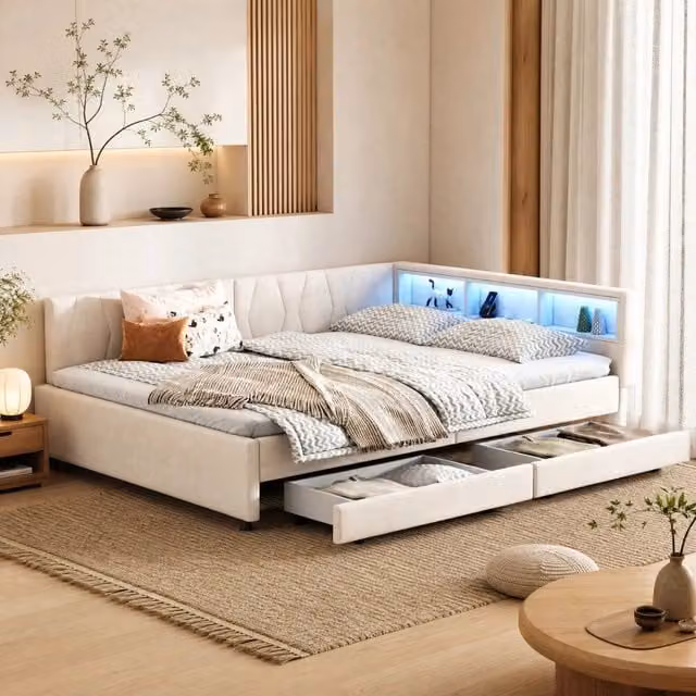 Letto matrimoniale 140x200 cm beige in lino e MDF, LED con USB C e 2 cassetti, senza materasso