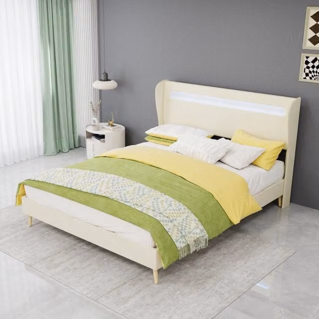 letto imbottito tessuto e metallo beige 140 x 200 cm