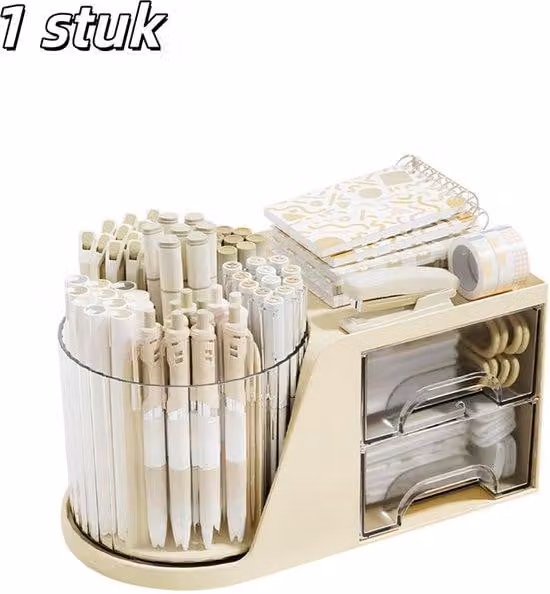 Organizer da scrivania dal design geometrico, di colore giallo, con 2 cassettini e un portapenne girevole