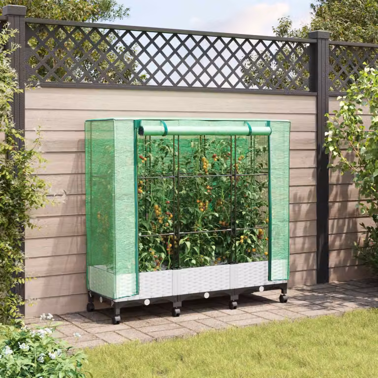 Set di 3 vasi da giardino con copertura per serra e ruote vidaXL, colore bianco e verde, in plastica