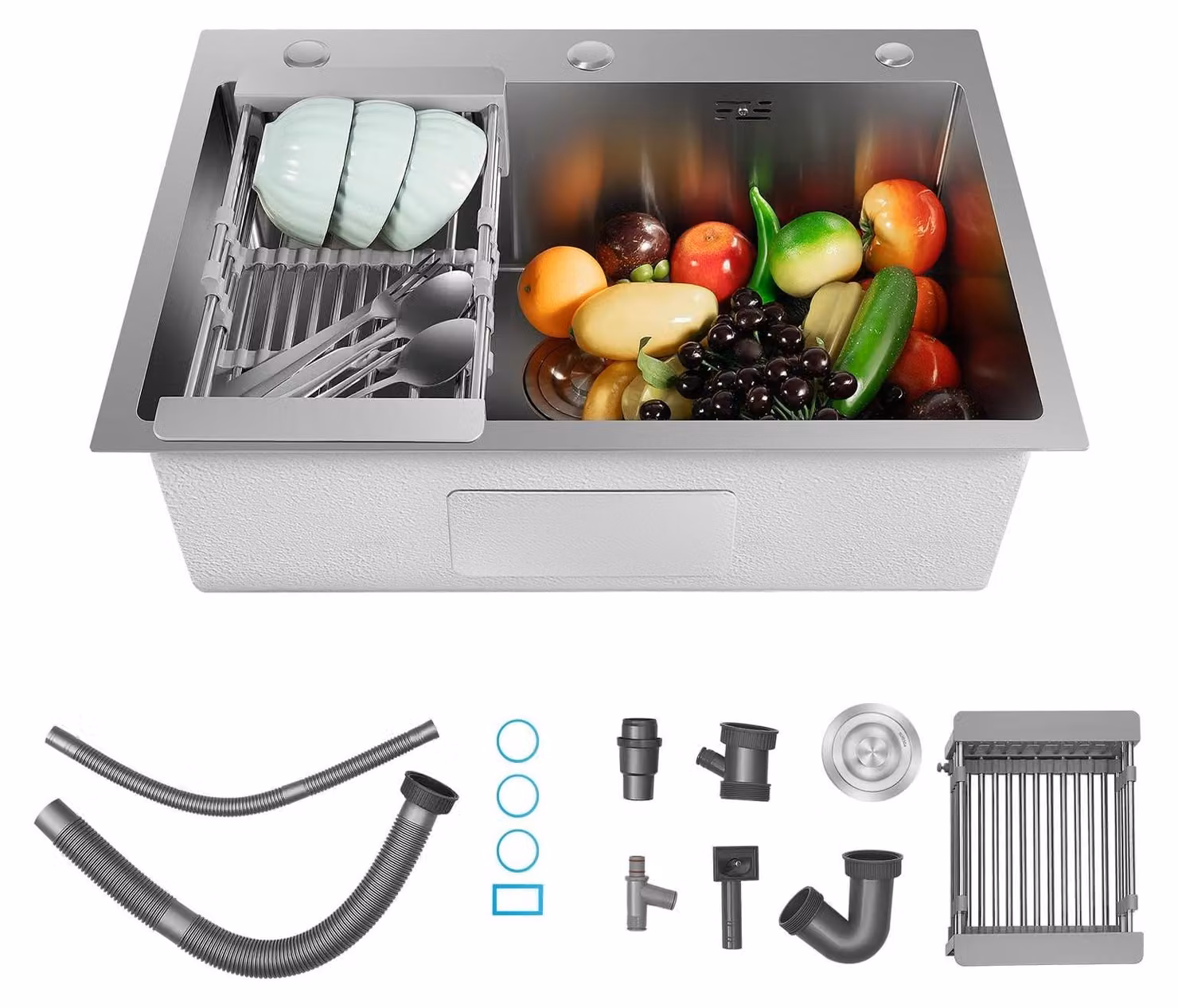 Lavello da cucina in acciaio inossidabile, dimensioni 66 x 45 cm, con accessori