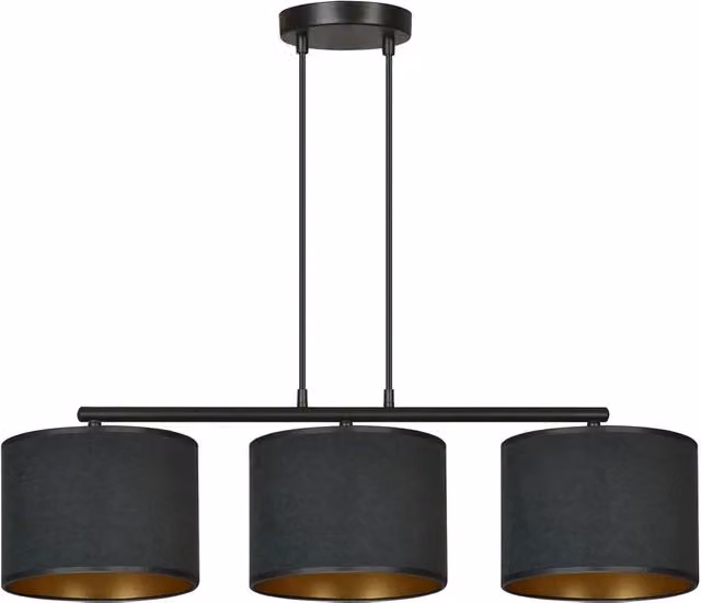 Lampadario a sospensione moderno Luceart-Classic Vinayaka con 3 luci in metallo nero e oro e paralumi in tessuto nero