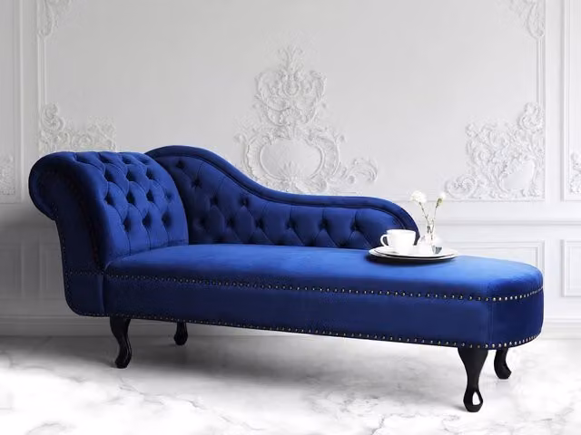 Chaise longue BELIANI in velluto blu stile Chesterfield con bottoni, versione sinistra, L: 169 cm, P: 61 cm, H: 79 cm – 1
