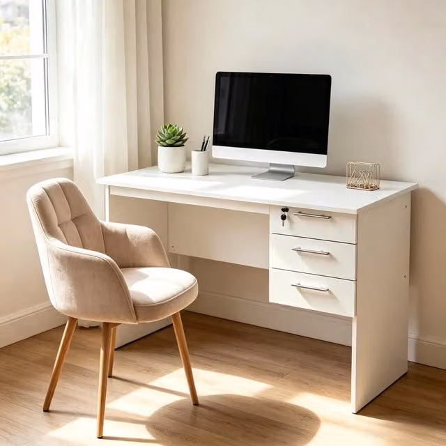 Scrivania moderna REDOM bianca in legno con piano rettangolare L: 120 cm, P: 75 cm, H: 60 cm