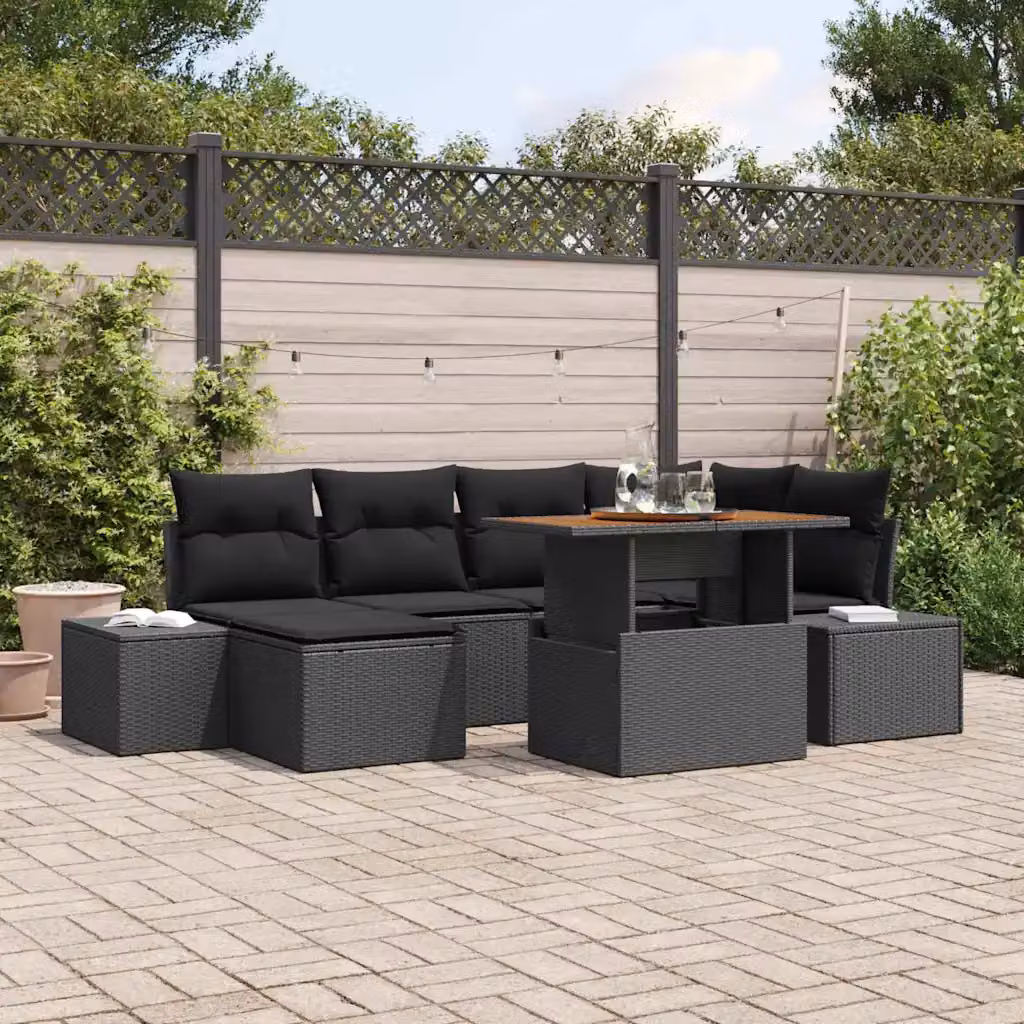 Set da pranzo da giardino vidaXL in rattan e legno di acacia con 7 pezzi, Nero e Marrone – 1