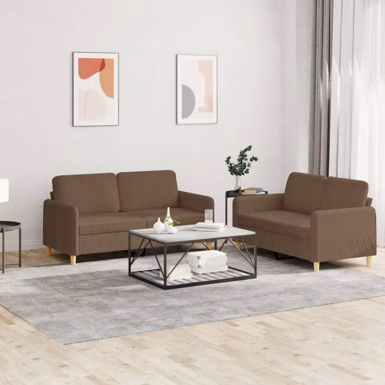 Set di 2 Divani Moderni vidaXL in Tessuto Marrone con Cuscini e Struttura Imbottita