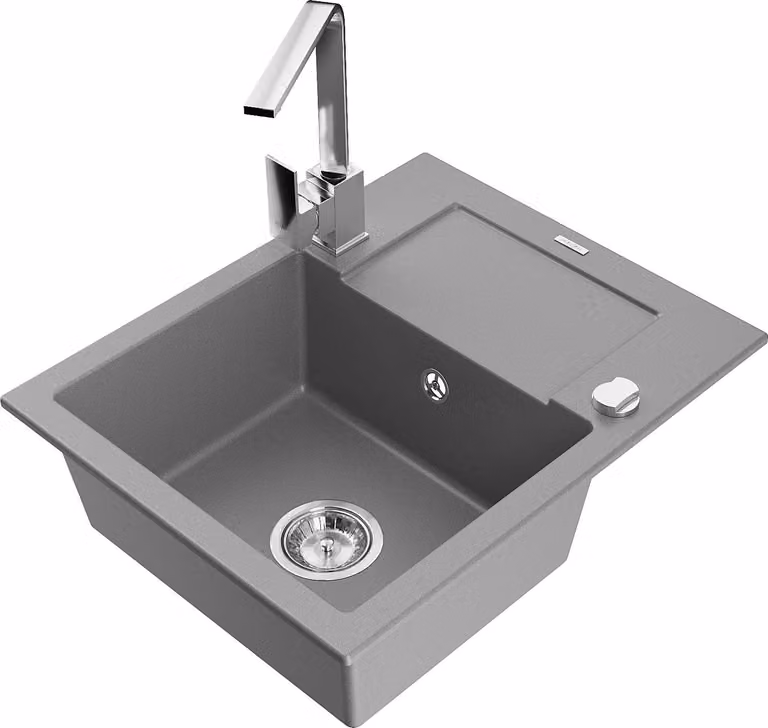 Mexen Enzo lavello in granito a 1 vasca con scolapiatti e rubinetto da cucina Rita, grigio - 6506-71-670300-00