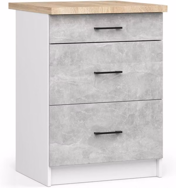 Mobile cucina modulare AKORD OLIWIA Bianco con 3 cassetti e piano di lavoro effetto Cemento L: 60 cm, P: 46 cm, H: 85 cm