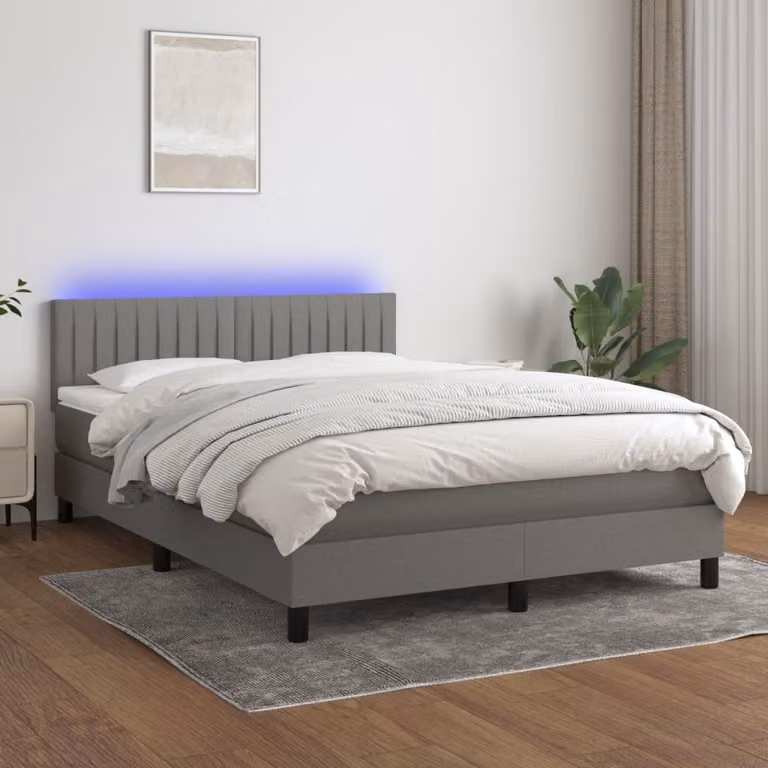 The Living Store Letto a molle con materasso e LED in tessuto grigio scuro 140x200 cm