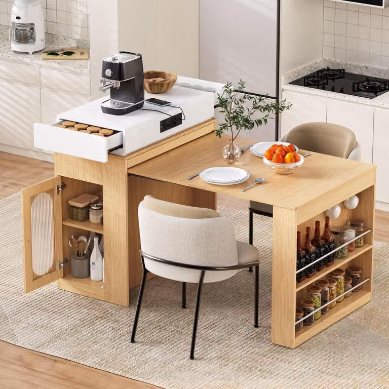 MODFU Isola da cucina, tavolo da bar con prese multiple e ganci, tavolo da pranzo, credenza con cassetti e spazio aperto, cucina e sala da pranzo, naturale