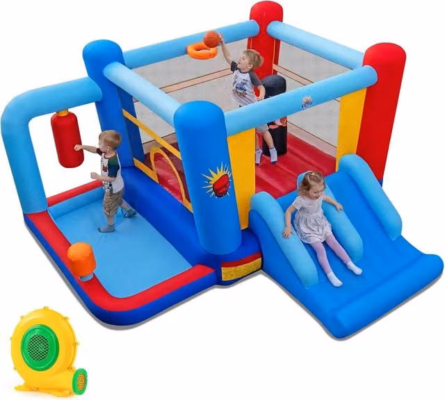 Castello Gonfiabile per Bambini con Soffiatore 550W, Casa Gonfiabile con Palo da Boxe, Trampolino, Doppio Scivolo, Piscina di Palline e Canestro da Basket, per Bambini 3-12 Anni