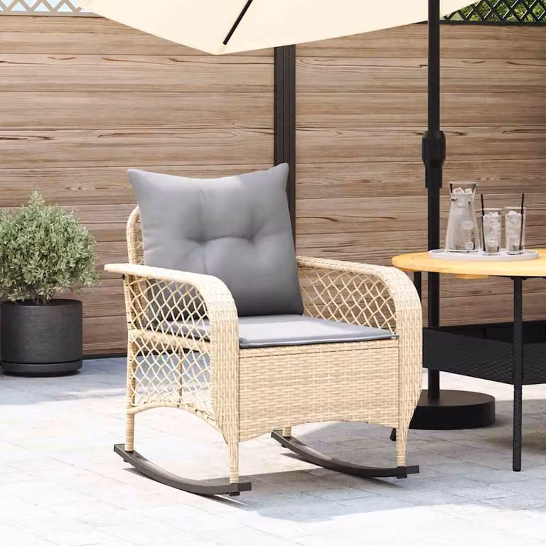 Sedia a dondolo da giardino vidaXL in polyrattan beige con cuscini inclusi