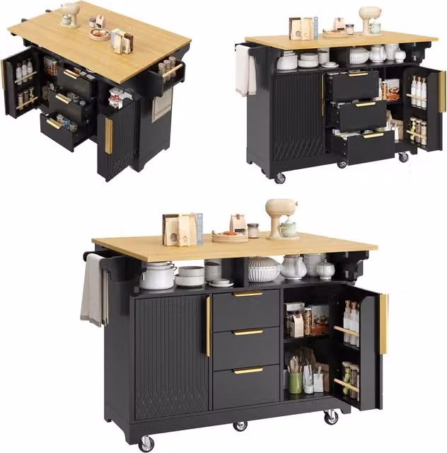 Isola cucina multifunzione su ruote 120-197 x 40-80 x 95 cm; piano ribaltabile; MDF nero effetto rovere