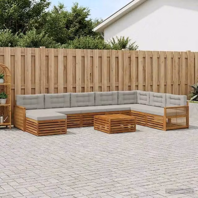 Set di divani da esterno a L vidaXL in legno di acacia oliato, colore marrone e grigio, composto da 9 pezzi con pouf e tavolino da caffè incluso