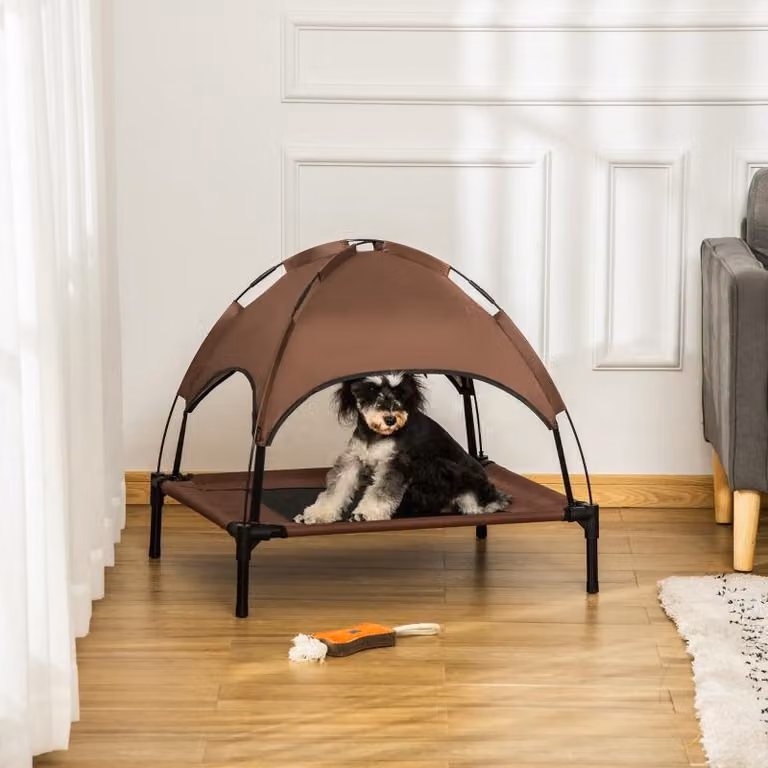Cuccia per cani da esterno Zimilo con baldacchino, 61x46x62 cm, rialzata, traspirante, impermeabile, trasportabile, marrone caffè