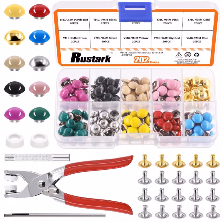 200 set di rivetti in pelle a testa rotonda doppi, con kit di strumenti