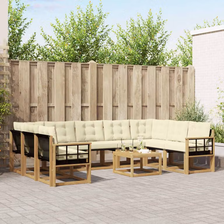 vidaXL Set di divani da esterno componibile 10 pezzi in legno di acacia con cuscini Bianco e Beige