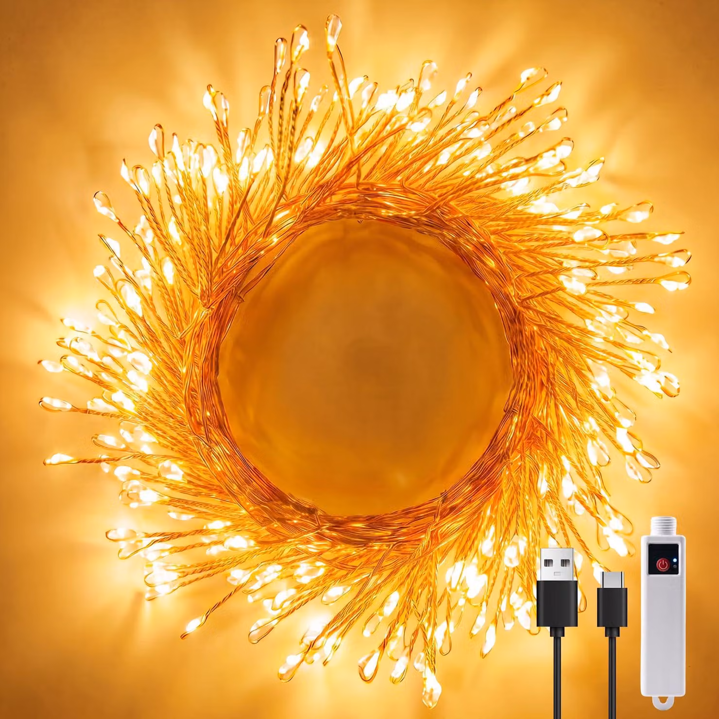 Catena luminosa, 6 metri, 100 LED, luce bianco caldo, ricaricabile tramite USB, con timer