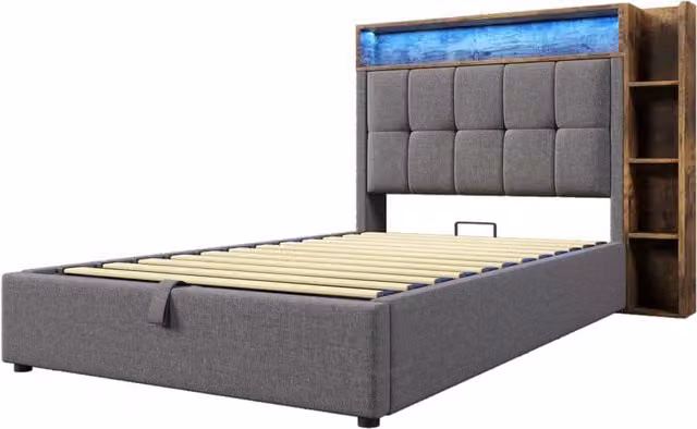 Letto imbottito 90x200 cm con funzione di ricarica USB Tipo-C, LED integrato e ampio spazio contenitivo, senza materasso, grigio in lino