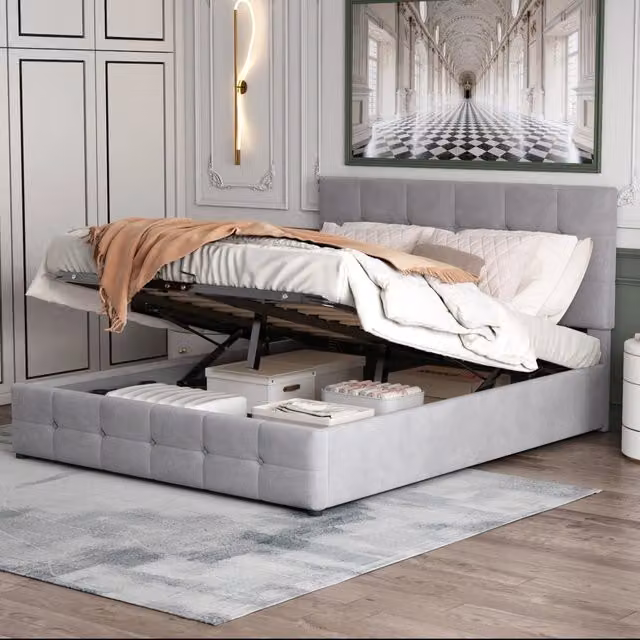 Letto contenitore matrimoniale 140 × 200 cm, sollevamento idraulico e testiera regolabile, senza materasso, grigio