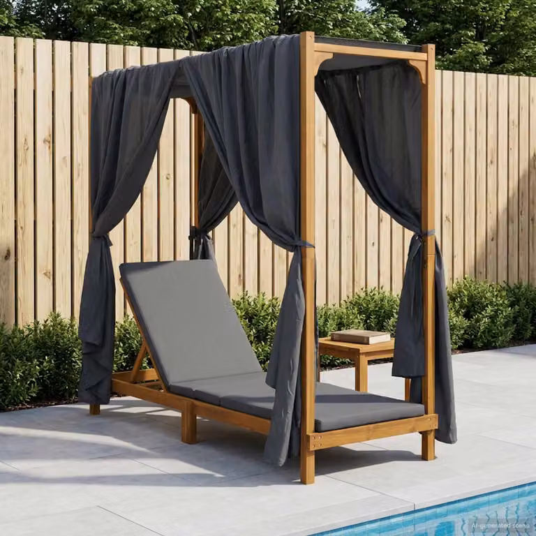 vidaXL Lettino Sole Singolo in Legno di Acacia con Tettoia e Tendine Grigio