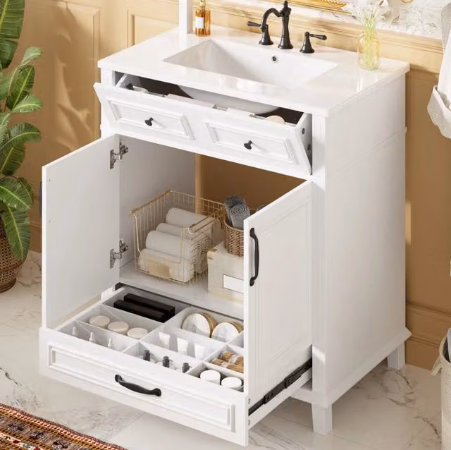 Mobile Bagno Bianco 77x46x86 cm con Lavabo Ceramica Integrato, 9 Scomparti, Doppia Porta e Cerniere Soft-Close
