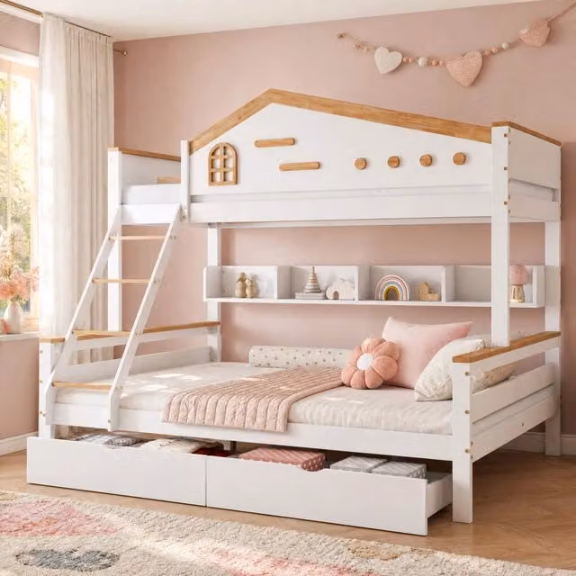 Letto a castello per bambini con 2 cassetti e scaffale aperto; 205x148;5x167;5 cm; bianco/naturale