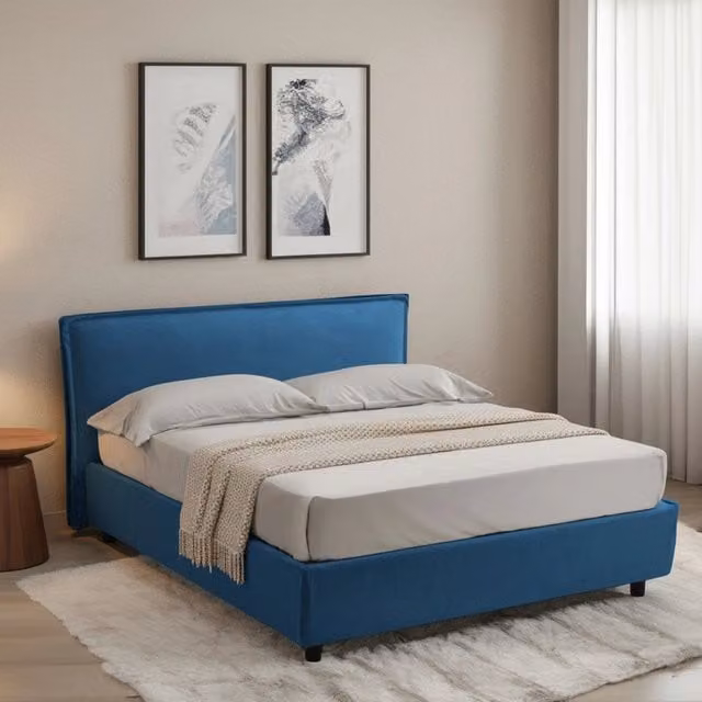Letto alla francese Broni DMORA con materasso incluso, base contenitore lift-up, blu, L: 120 cm, P: 200 cm, H: 190 cm